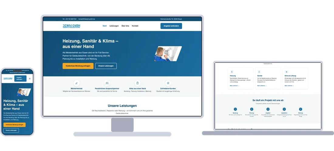 Website der Dewak GmbH auf Monitor, Notebook und Smartphone.